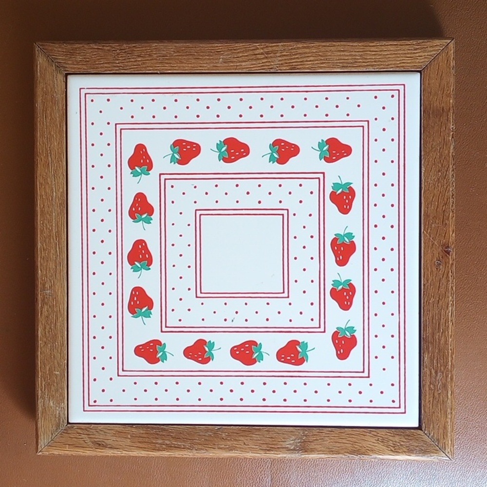 Strawberry Square Ceramic Tile Trivet w/ Brown Wood Frame. Red White Green